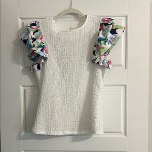 White Textured Top with Colorful Ruffled Sleeves